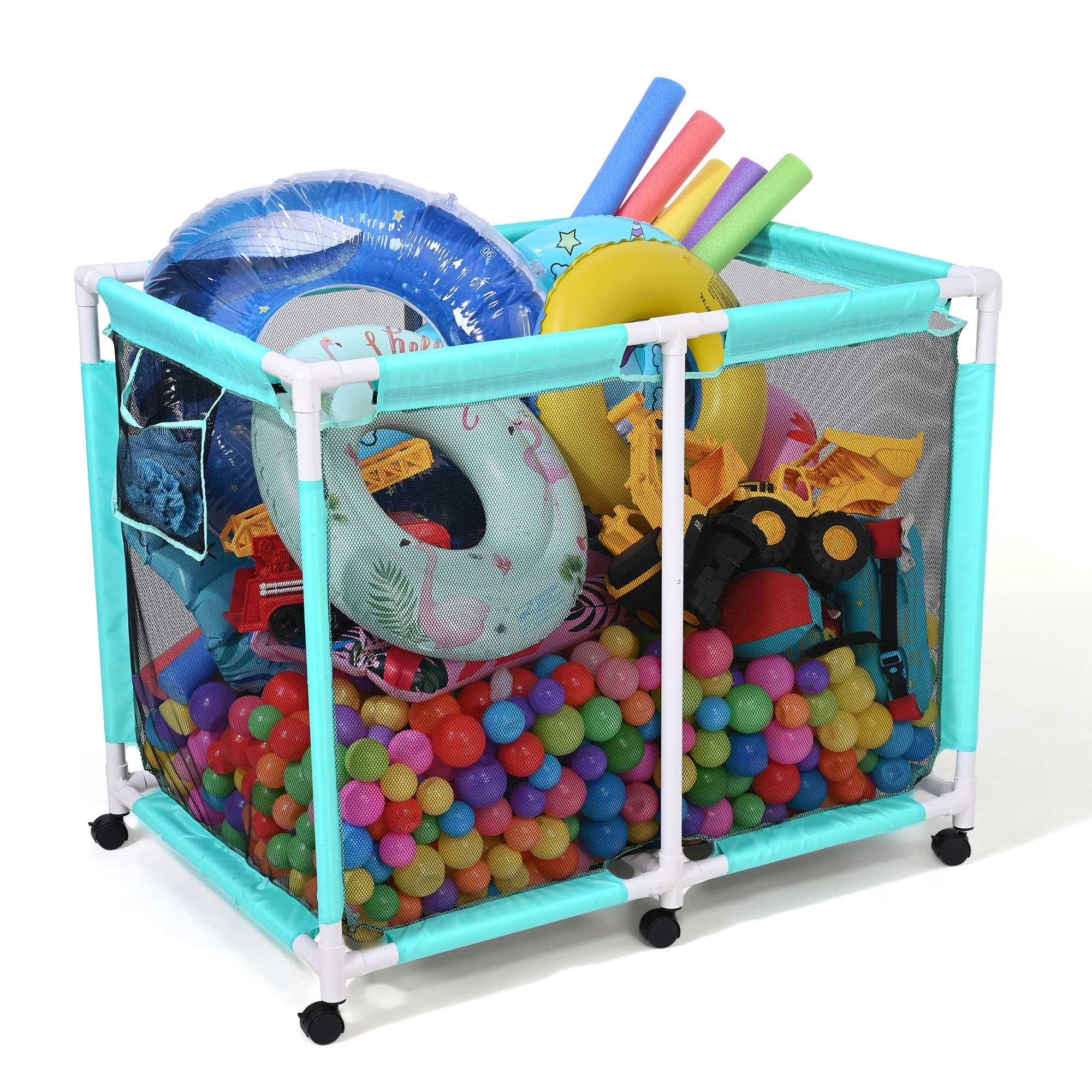 Yescom 48" Heavy-Duty Rolling Pool Toy Storage Bin – Reinforced Metal Frame Mesh Cart with 10-Wheel Stability, Side Pockets, and Breathable Quick-Dry Fabric in Blue