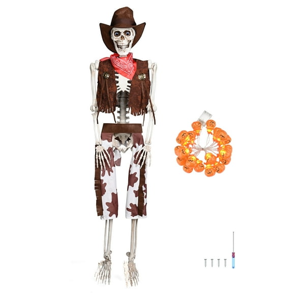 Yescom 5.4 Ft Life Size Cowboy Skeleton with Pumpkin String Lights Halloween Decoration 2025