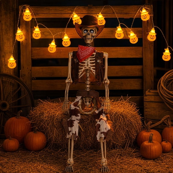 Yescom 5.6 Ft Life Size Cowboy Skeleton with Pumpkin String Lights Halloween Decoration 2026