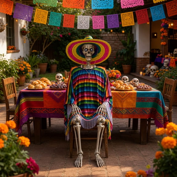 Yescom 5.6ft Life Size Posable Skeleton Halloween Day of the Dead Altar Grave Dia De Los Muertos Movable Jaw with Shawl Sombrero