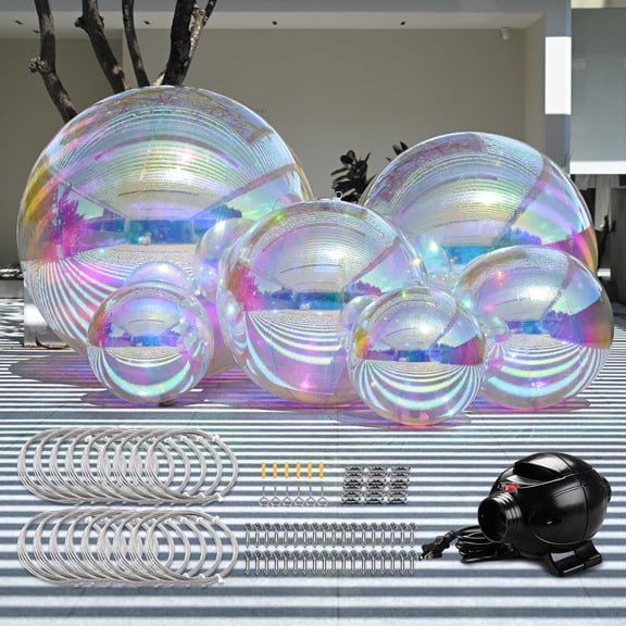 Yescom 6PCS Inflatable Mirror Ball Set Iridescent Reusable Hanging Balloon with Electric Pump and Wire Hanging Kit for Disco Party Wedding Event