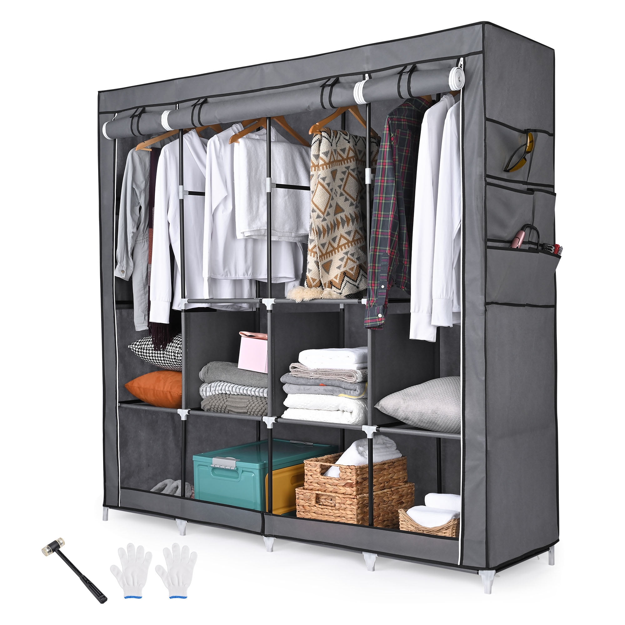 HOMGRNE Portable Closet Wardrobe, Bedroom Clothes Closet Storage  Organizer-4 Storage Shelves, 4 Hanging Rods, Grey Non-Woven Fabric Cover 4  Side