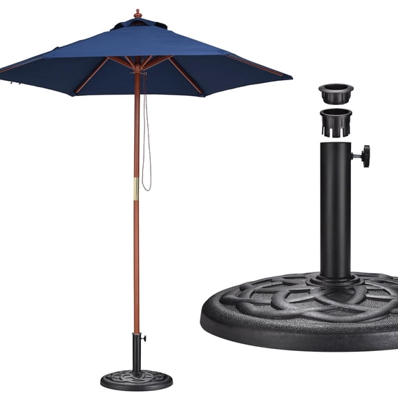 Yescom 7FT Solid Wood Patio Umbrella w/ Retro Base 6 Ribs Pulley Lift for Resort Outdoor Event Small Table Rental Pool Deck Yard, Navy