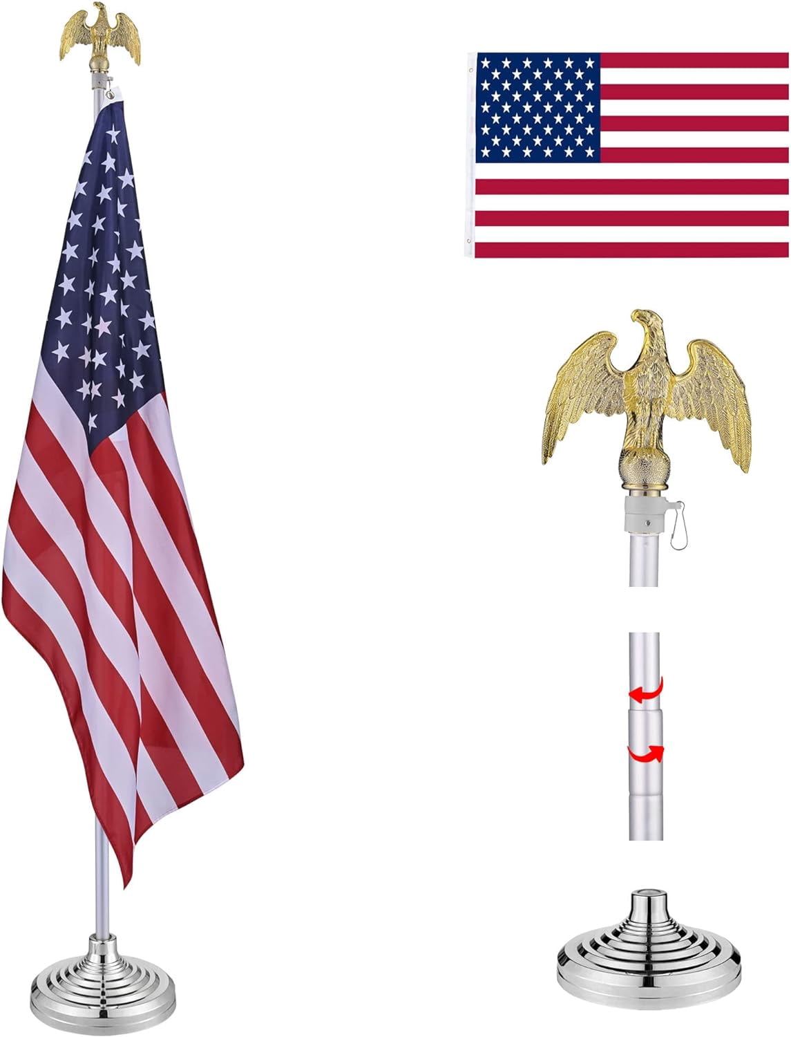 8 Ft Telescoping Indoor Flag Pole Kit Base Eagle Topper Aluminum 3x5 Ft US Flag