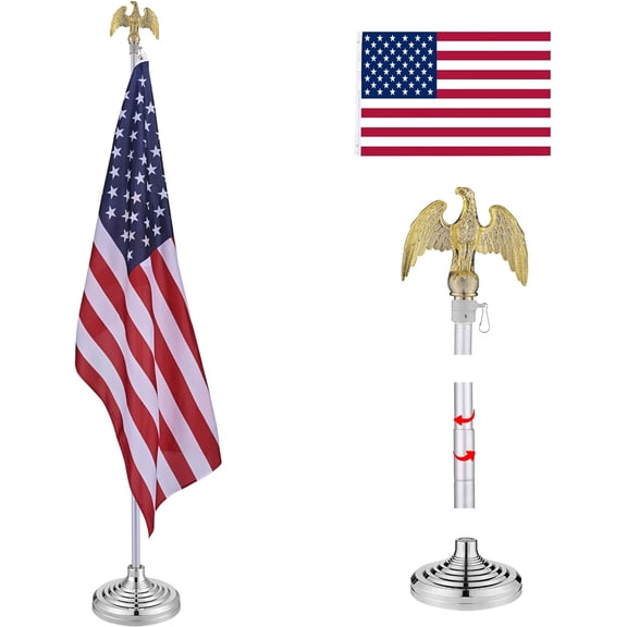 8 Ft Telescoping Indoor Flag Pole Kit Base Eagle Topper Aluminum 3x5 Ft US Flag
