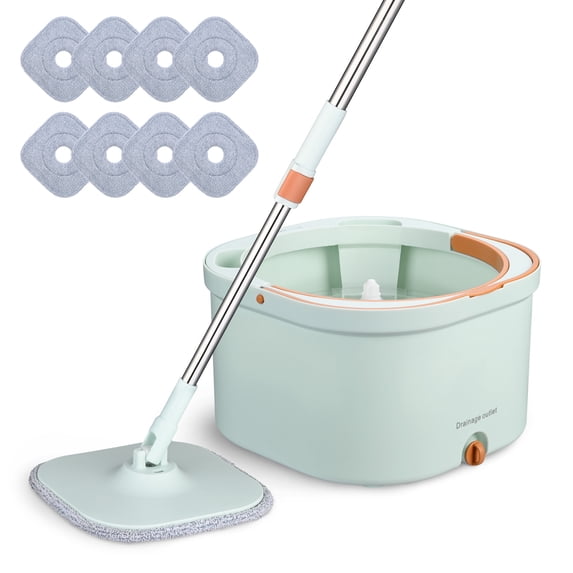 Yescom 8 Microfiber Pads Square Spin Mop and Bucket System Set Floor Cleaning With Separate Clean and Dirty Water Filtration Green