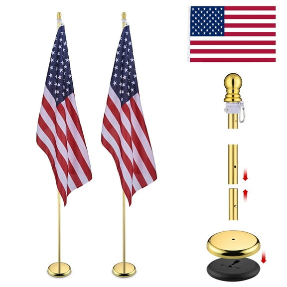 Yescom 8FT Sectional Indoor Flag Pole Kit Aluminum Gold Pole Ball Topper with 3x5Ft US Flag & Base Stand 2 Pack