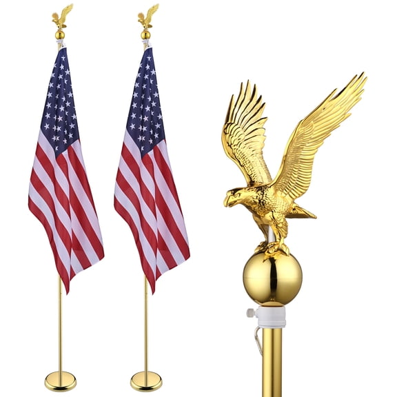 Yescom 8Ft Indoor Flag Pole Kit Eagle Topper Aluminum Gold Pole with Base 3x5Ft US Flag for Office School City Hall 2Pcs