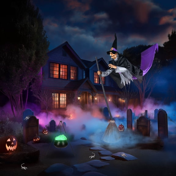 Yescom 9 Ft Animated Flying Witch on Broom & Witches Cauldron on 31" Tripod LED Light
