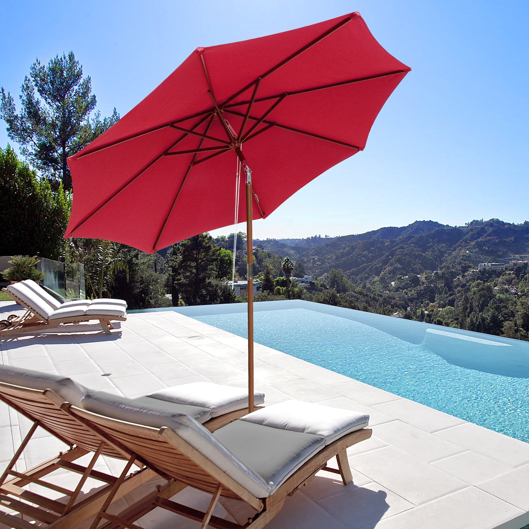 9 ft red wooden patio umbrella Foot For Outdoor Tables Deck Set Serene and soothing 9FT Patio Umbrella Crank Lift