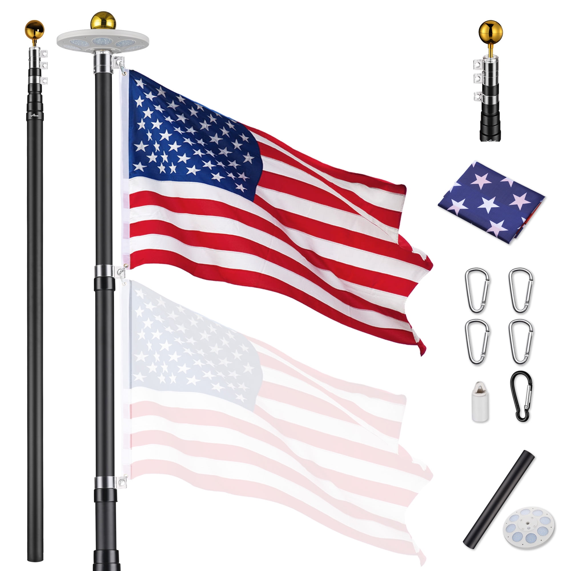 Yescom Black 30Ft Telescopic Flag Pole Kit with 136 LED Solar Light set for Commercial Residential Outdoor