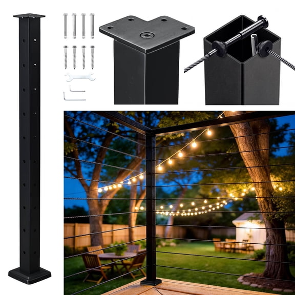 Yescom Black Cable Railing Corner Post 36 inch for Horizontal Deck Railing T-Drilled One-Post Corner Solution Surface Mount Flat Top Deck Post