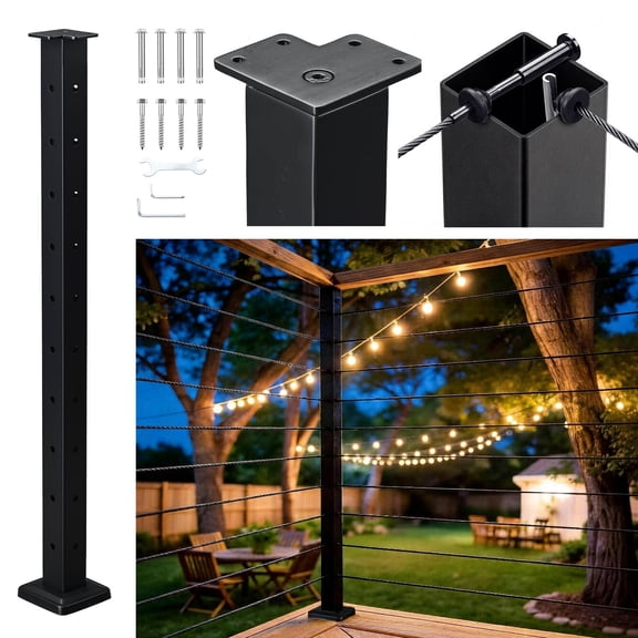Yescom Black Cable Railing Corner Post 36 inch for Horizontal Deck Railing T-Drilled One-Post Corner Solution Surface Mount Flat Top Deck Post
