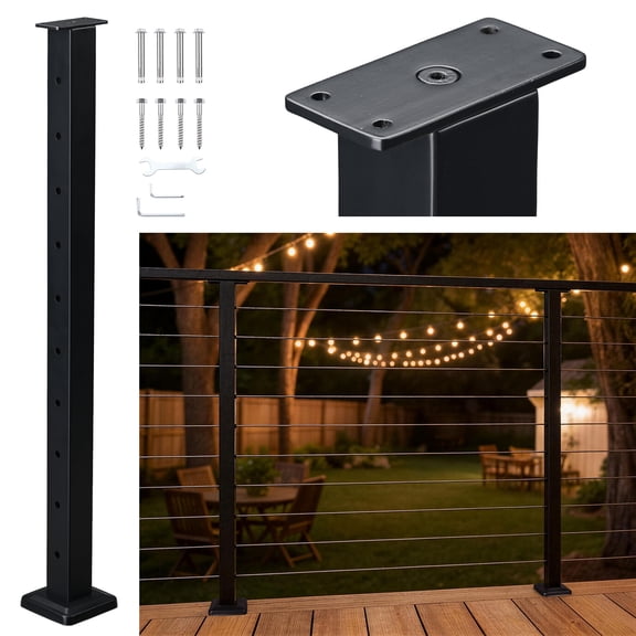 Yescom Black Cable Railing Post 36 inch for Horizontal Deck Railing Pre-Drilled Surface Mount Flat Top Easy Install Stainless Steel Deck Post