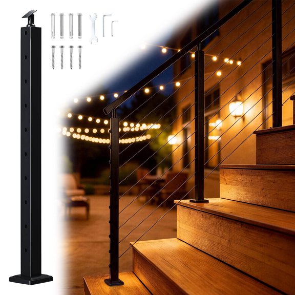 Yescom Black Stair Railing Indoor / Outdoor Stair Post 36 inch for Cable Railing System Pre-Drilled Surface Mount 25-35 Angle Adjustable Top Bracket