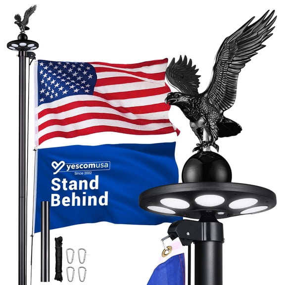 Yescom Bravery 20' Aluminum 13Gauge Sectional Flag Pole Kit w/ 136 LED Solar Powered Light US Flag Eagle Topper for Outside House Outdoor Yard Commercial Residential Home Inground Deck Mount, Black