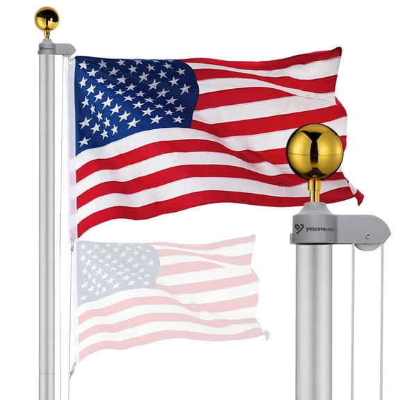 Yescom Bravery 20 Ft Aluminum Sectional Flagpole Kit 3'x5' US Flag Gold Ball Kit Hardware Outdoor Garden Halyard Pole