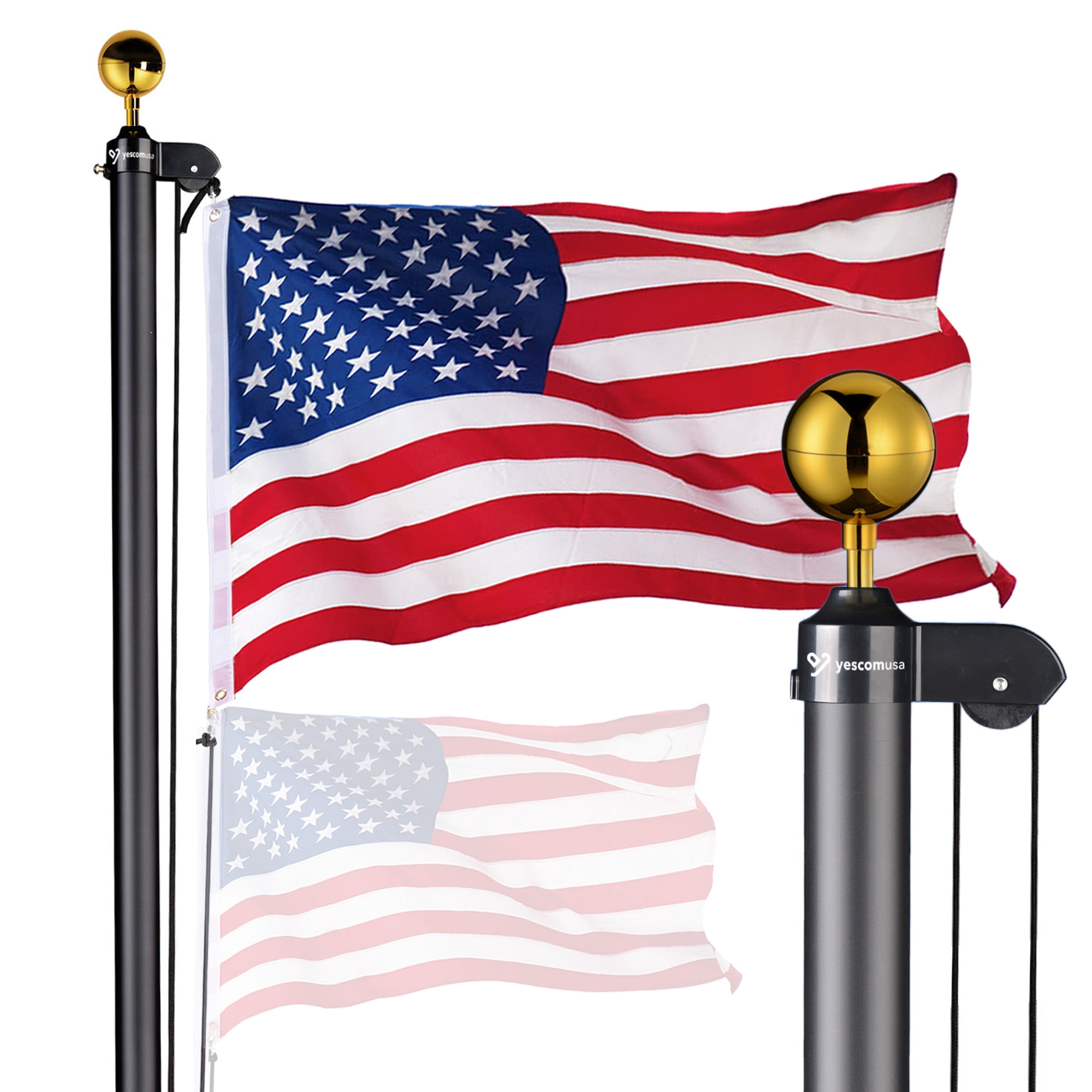 Yescom Bravery 20 Ft Aluminum Sectional Black Flagpole Kit 3'x5' US Flag Gold Ball Kit Hardware Outdoor Garden Halyard Pole