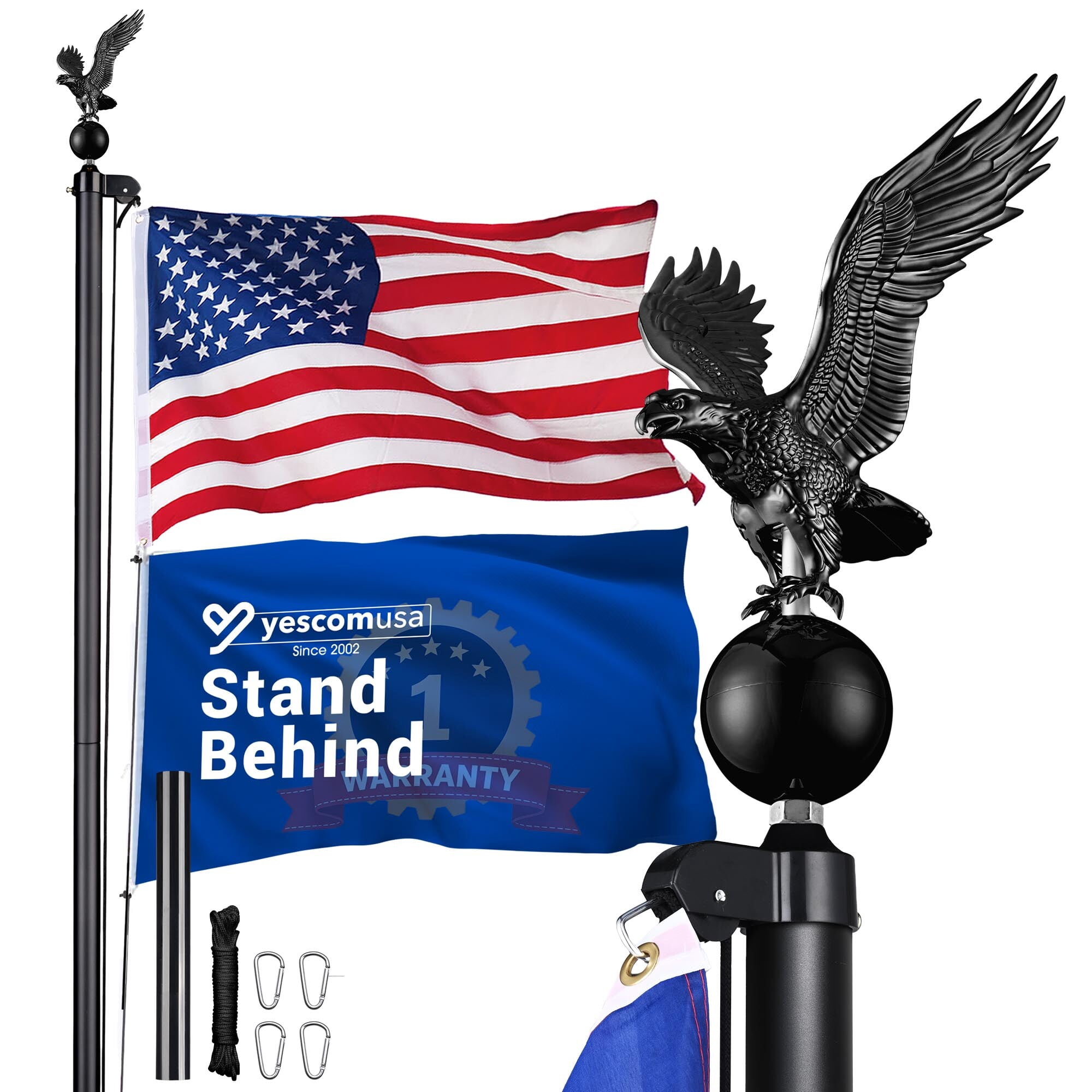 Yescom Bravery 20Ft Eagle Topper Sectional Flag Pole Kit Aluminum Outside Inground Yard Garden with 3'x5' USA Flag Black