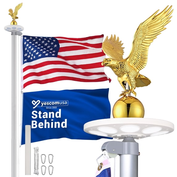 Yescom Bravery 20ft 13 Gauge Sectional Flag Pole Kit with Solar Powered Light US Flag Gold Eagle Topper