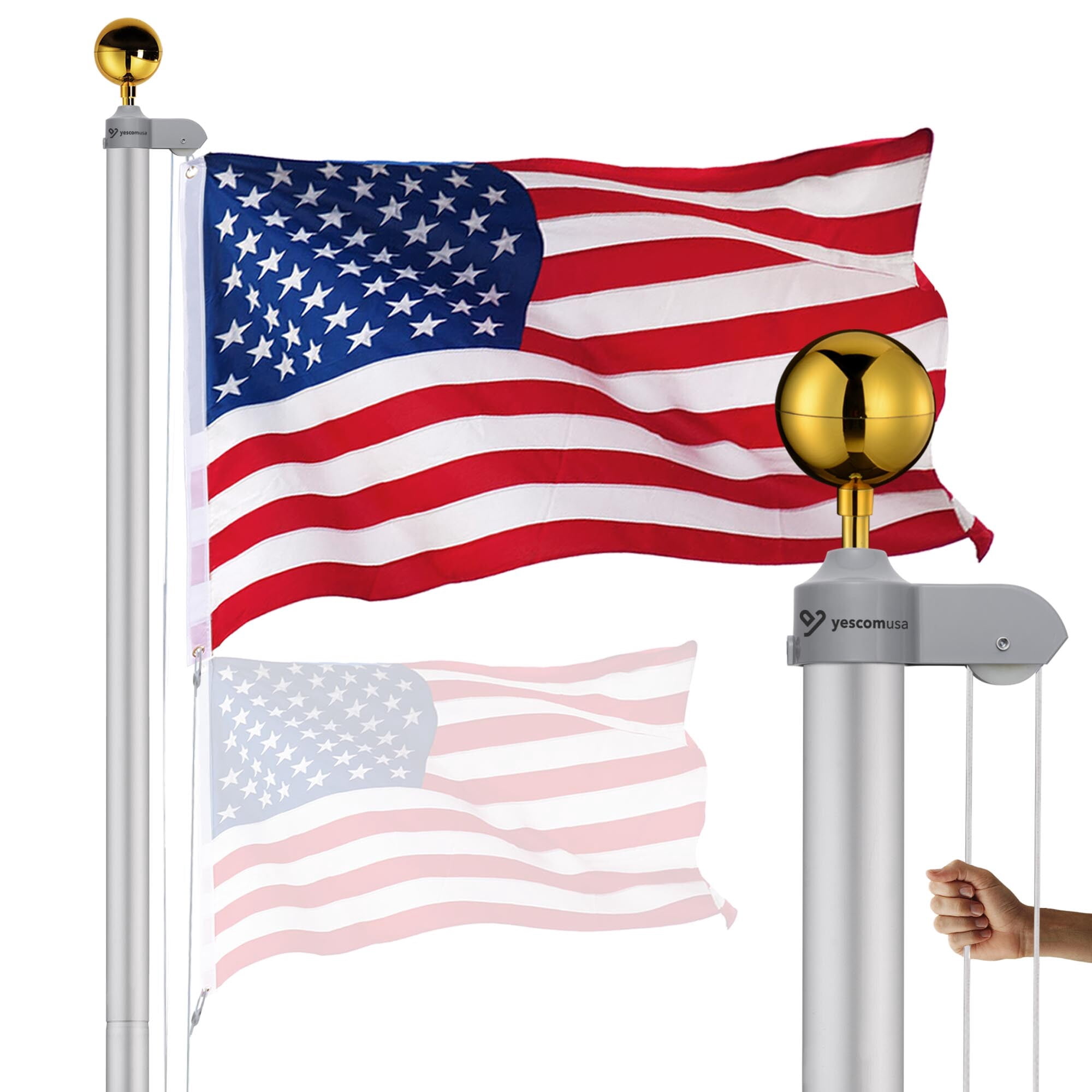 Yescom Bravery 20ft 13 Gauge Thicken Sectional Flag Pole Kit for Outside House with USA Flag Top ,Sliver