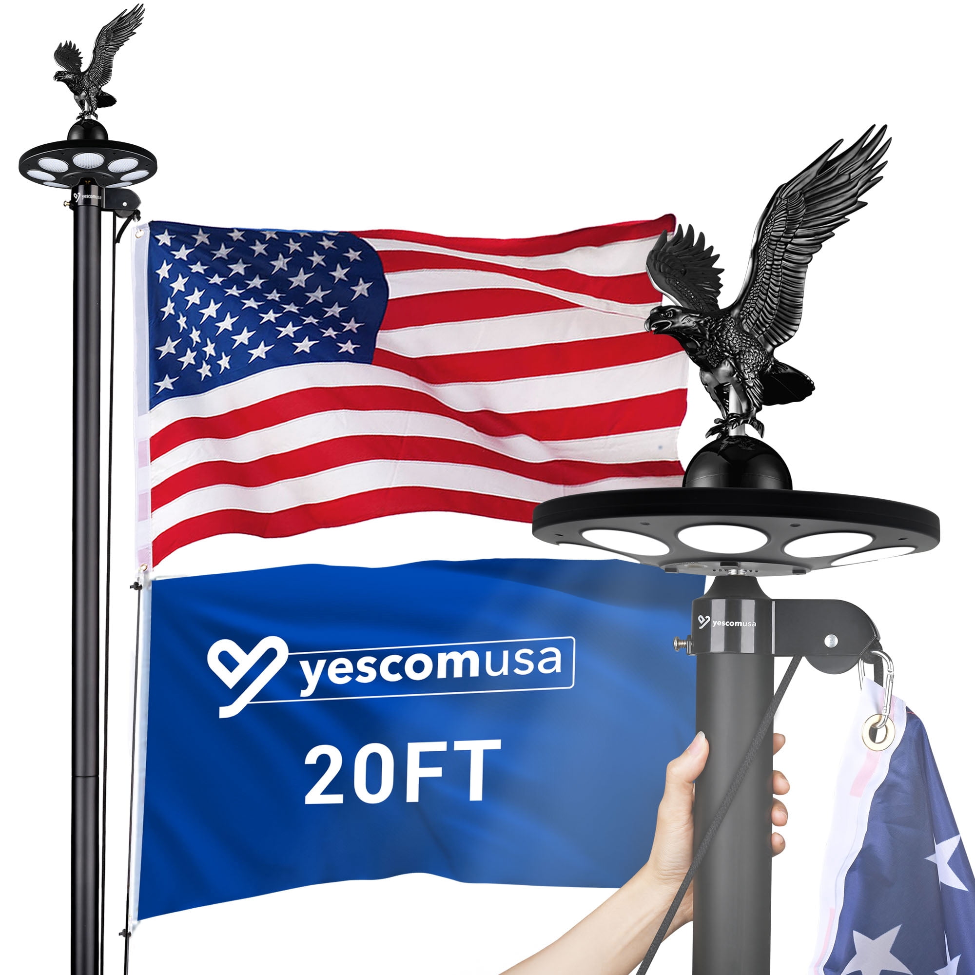 Yescom Bravery 20ft Eagle Topper Sectional Aluminum Flag Pole Kit with Solar Light US Flag Ball Top for Outside, Black