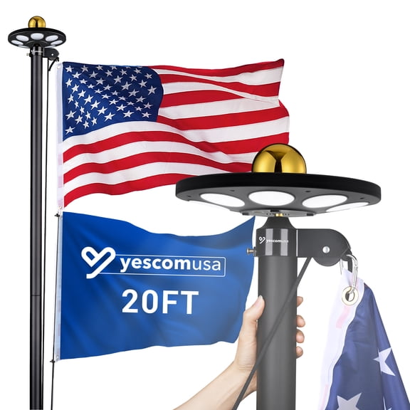 Yescom Bravery 20ft LED Solar Light Sectional Flag Pole Kit Aluminum Outside Inground with 3'x5' USA Flag Ball Top Black
