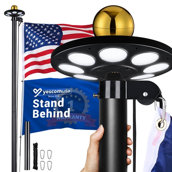 Yescom Bravery 20ft Black Aluminum In-Ground Flagpole All-in-One Kit with Solar Light, Pulley Halyard System & 20" PVC Sleeve for Yard