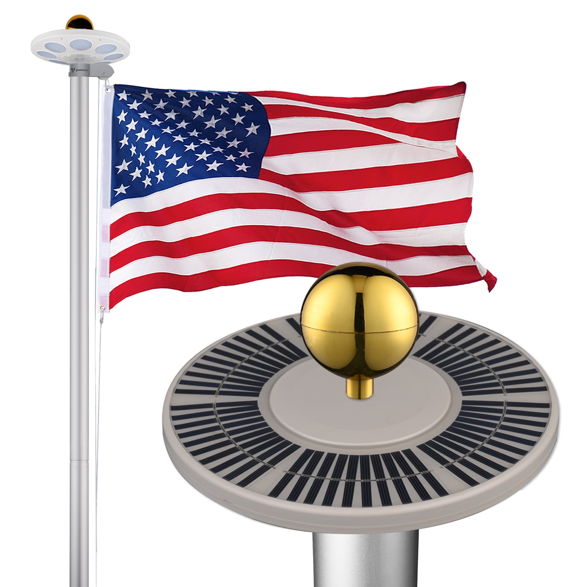 Yescom Bravery 25Ft Sectional 13Gauge Aluminum Flag Pole Kit with Solar Light US Flag for Outside House