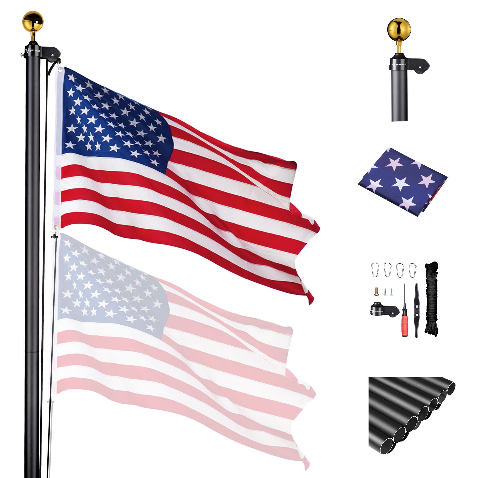 Yescom Bravery 25ft 13 Gauge Sectional Flag Pole Kit Aluminum for Outside House Inground Yard Garden Residential