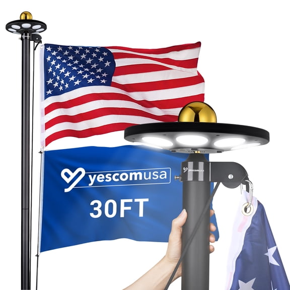 Yescom Bravery 30Ft Sectional 13Gauge Aluminum Flag Pole Kit with 136 LED Solar Light US Flag Top Outside House Outdoor