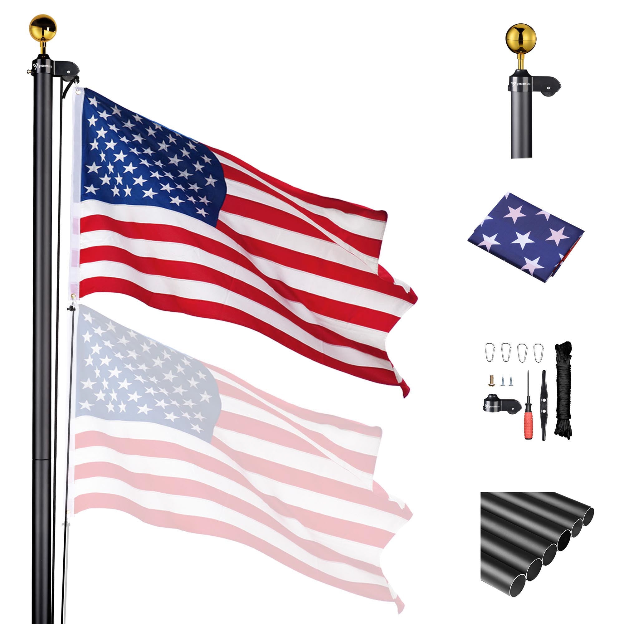 Yescom Bravery 30ft 13 Gauge Sectional Flag Pole Kit Aluminum for Outside House Inground Yard Garden Residential