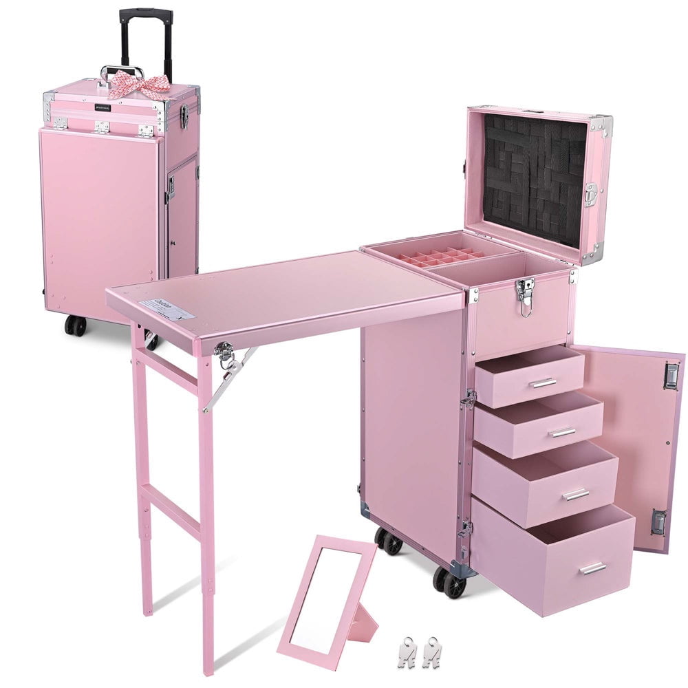 Yescom Byootique Nail Table Makeup Station Speaker Drawers Mirror, Pink
