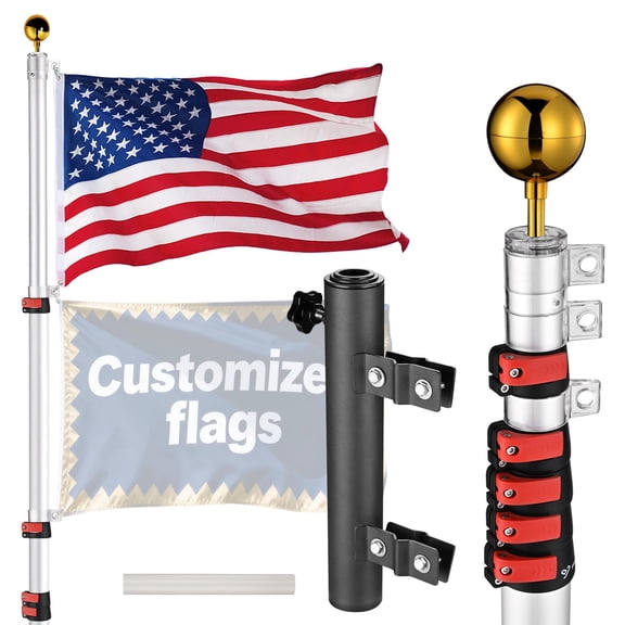 Yescom EZ GO 20FT RV Flag Pole Kit, Telescoping Flag Pole with Ladder Mount, Portable Aluminum Flagpole for Travel Trailers, Camping, Tailgate Party, Silver
