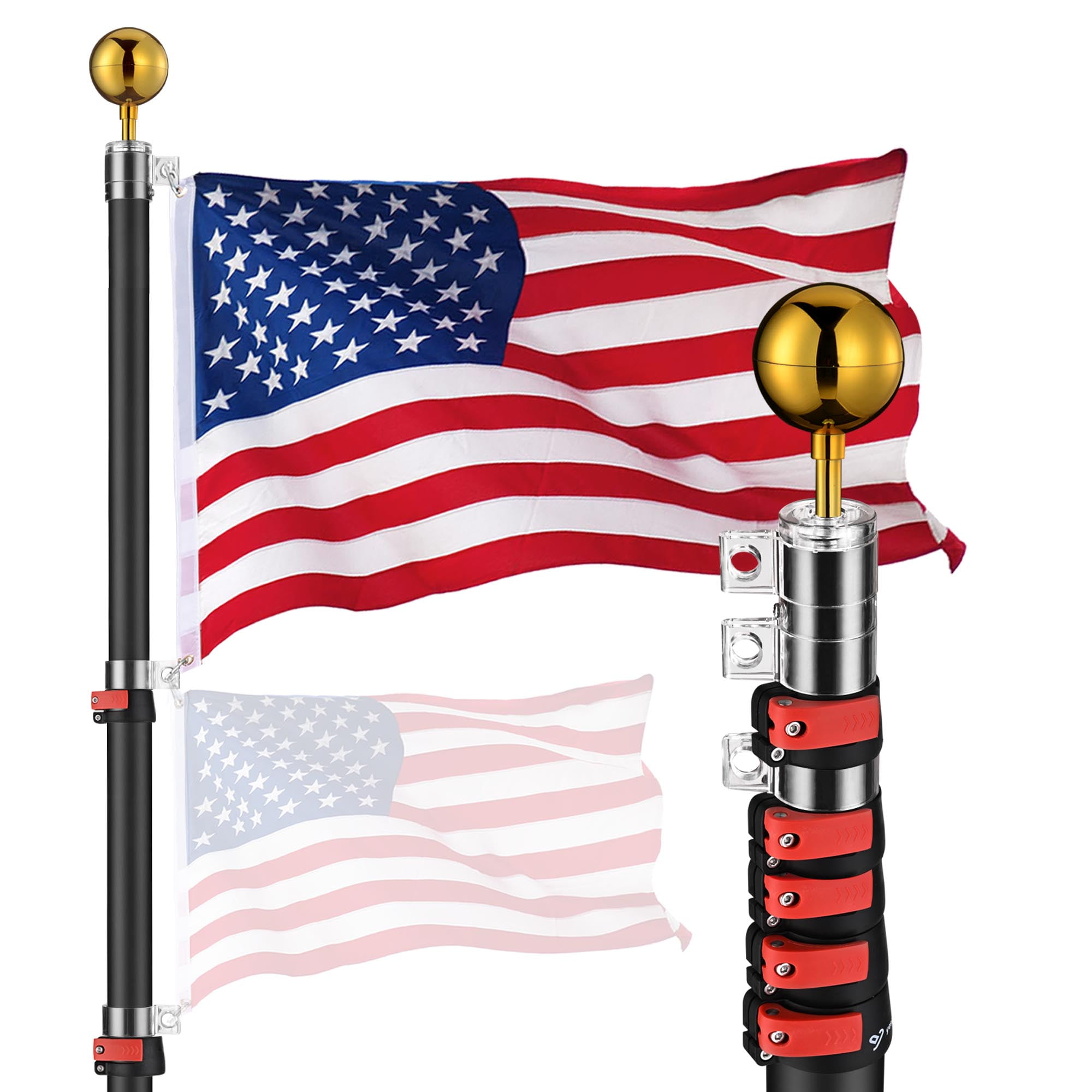20 Ft Black Aluminum Telescoping Flag Pole Kit with Gold Ball Finial