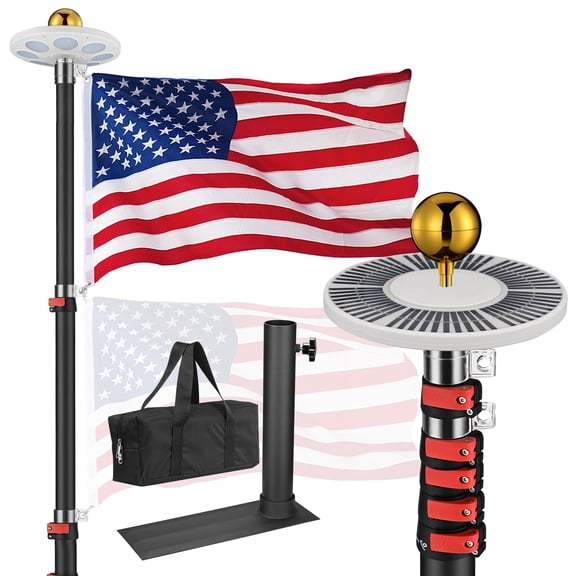 Yescom EZ GO 20Ft Telescopic Flag Pole Kit with Solar Light & Tire Mount Base for Tailgate Outside, Black