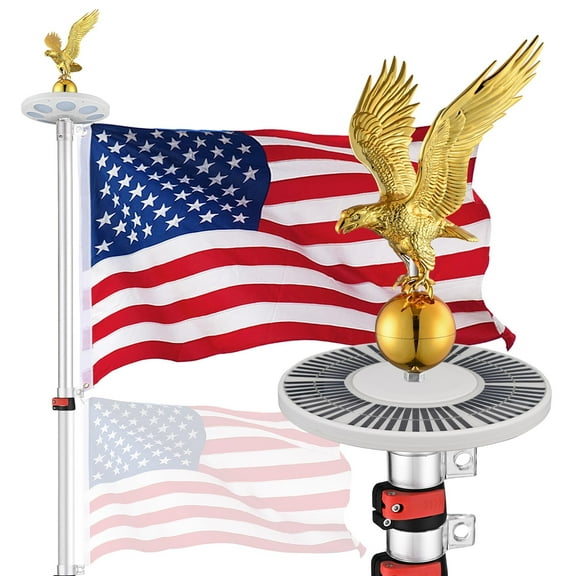 Yescom EZ GO 20ft Eagle Topper Telescopic Flag Pole Kit Solar Light Outside 3x5' US Flag Ball Top, Silver