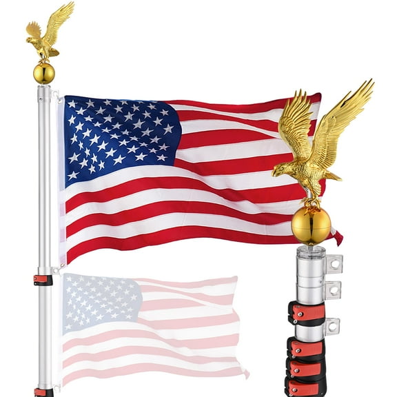 Yescom EZ GO 20ft Eagle Topper Telescopic Flag Pole Kit Upgraded Rotating Lock Outside 3x5' US Flag Ball Final Silver