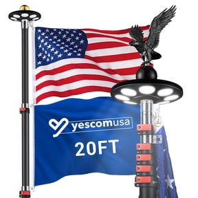 Yescom EZ GO 20ft Eagle Topper Telescopic Flag Pole Kit w/ LED Solar Light US Flag for Outside House Inground Outdoor Camper RV Tailgate Party with 3x5' US Flag Ball Top, Black