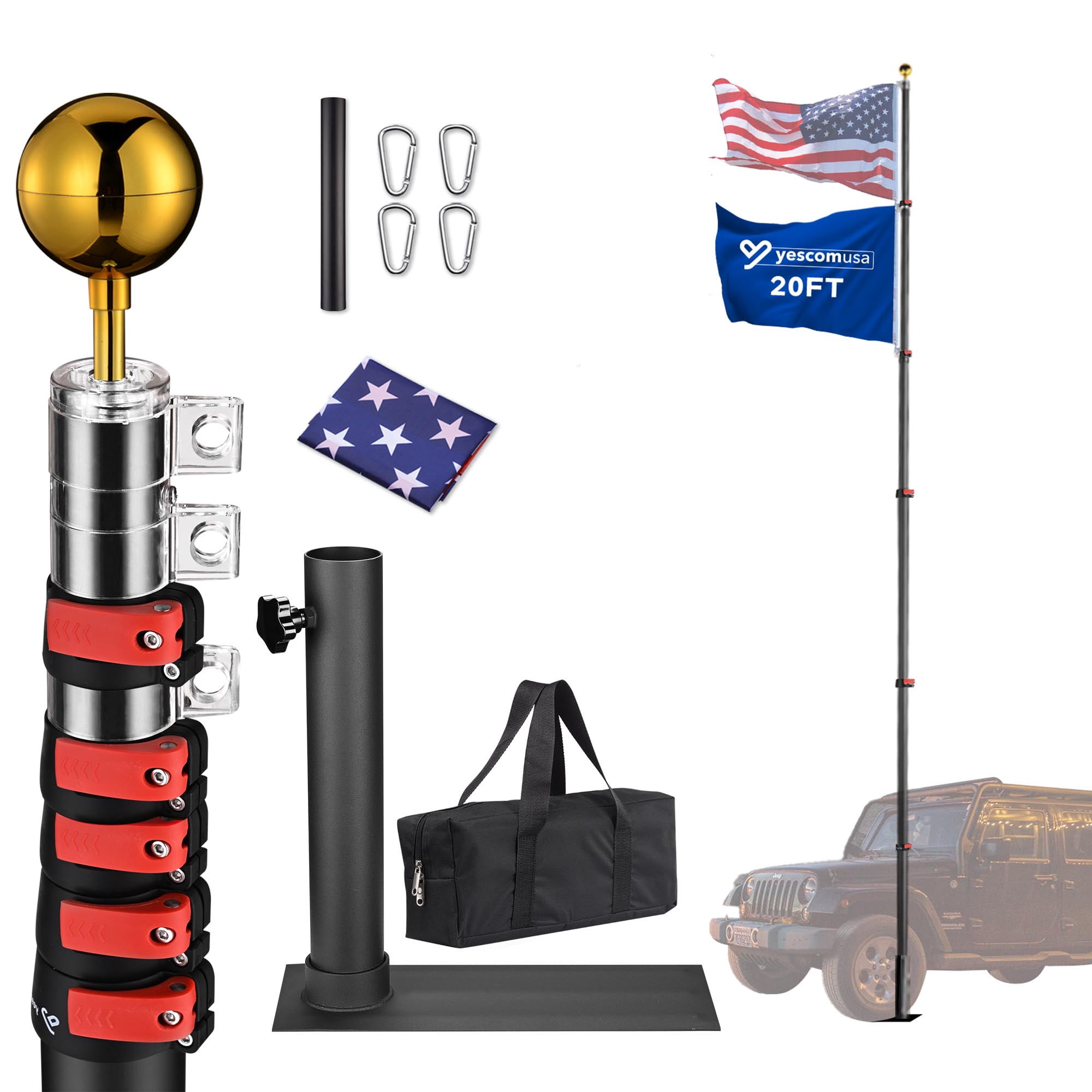 Yescom EZ GO 20ft Portable Telescoping Black Flag Pole with Tire Mount for Outdoor Camping Tailgate Party