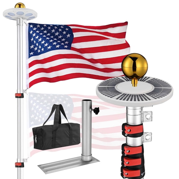 Yescom EZ GO 25Ft Aluminum Telescopic Flag Pole Kit w/ Solar Light & Flagpole Holder for Camper RV Tailgate