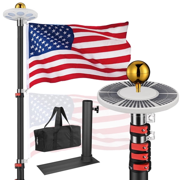 Yescom EZ GO 25Ft Telescopic Flag Pole Kit with Solar Light & Tire Mount Base for Tailgate Outside,Black