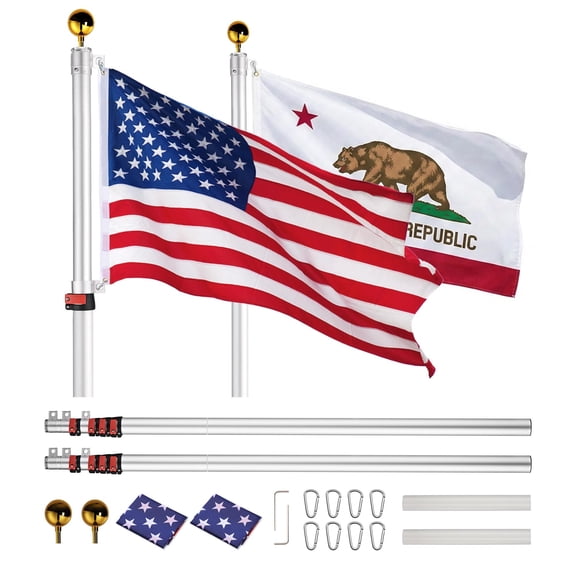 Yescom 2 Packs EZ GO 25ft Double Flag Poles for Outside House, Aluminum Telescoping Tangle-Free In Ground Flagpole Kit Fits for Front Yard