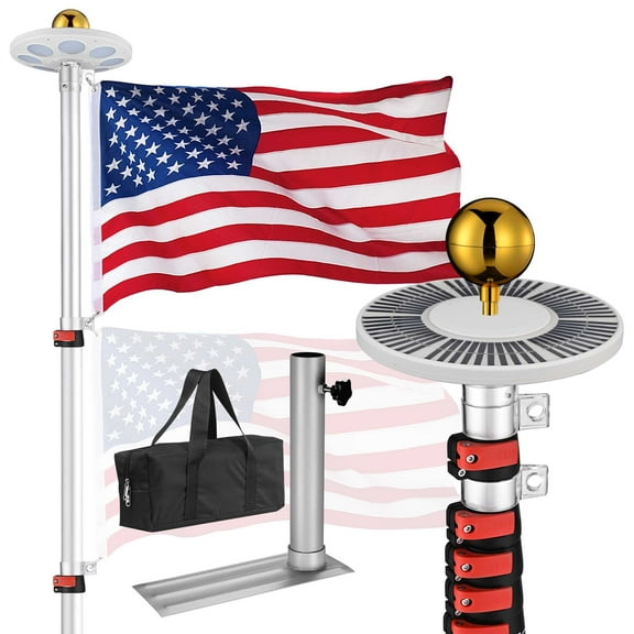 Yescom EZ GO 30Ft Aluminum Telescopic Flag Pole Kit w/ Solar Light & Flagpole Holder for Outside House