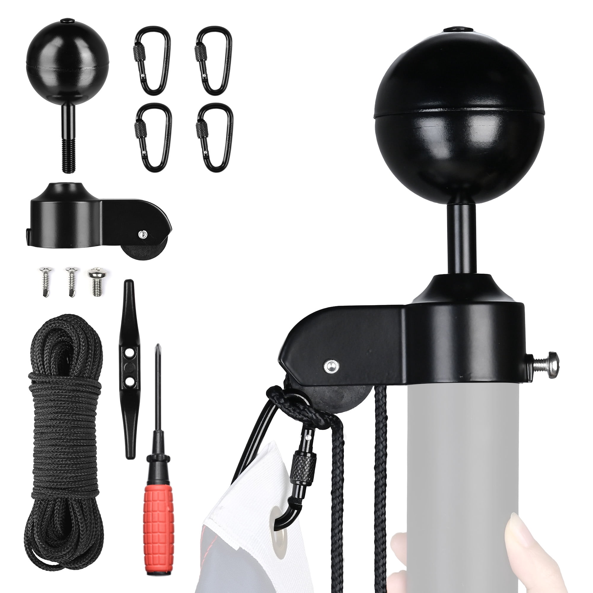 Yescom ALL Aluminum Flag Pole Hardware Repair Kit 50FT Wire Core Halyard Rope Black Ball Topper for 20/25/30 FT Sectional Pole with 1 13/16" Dia.