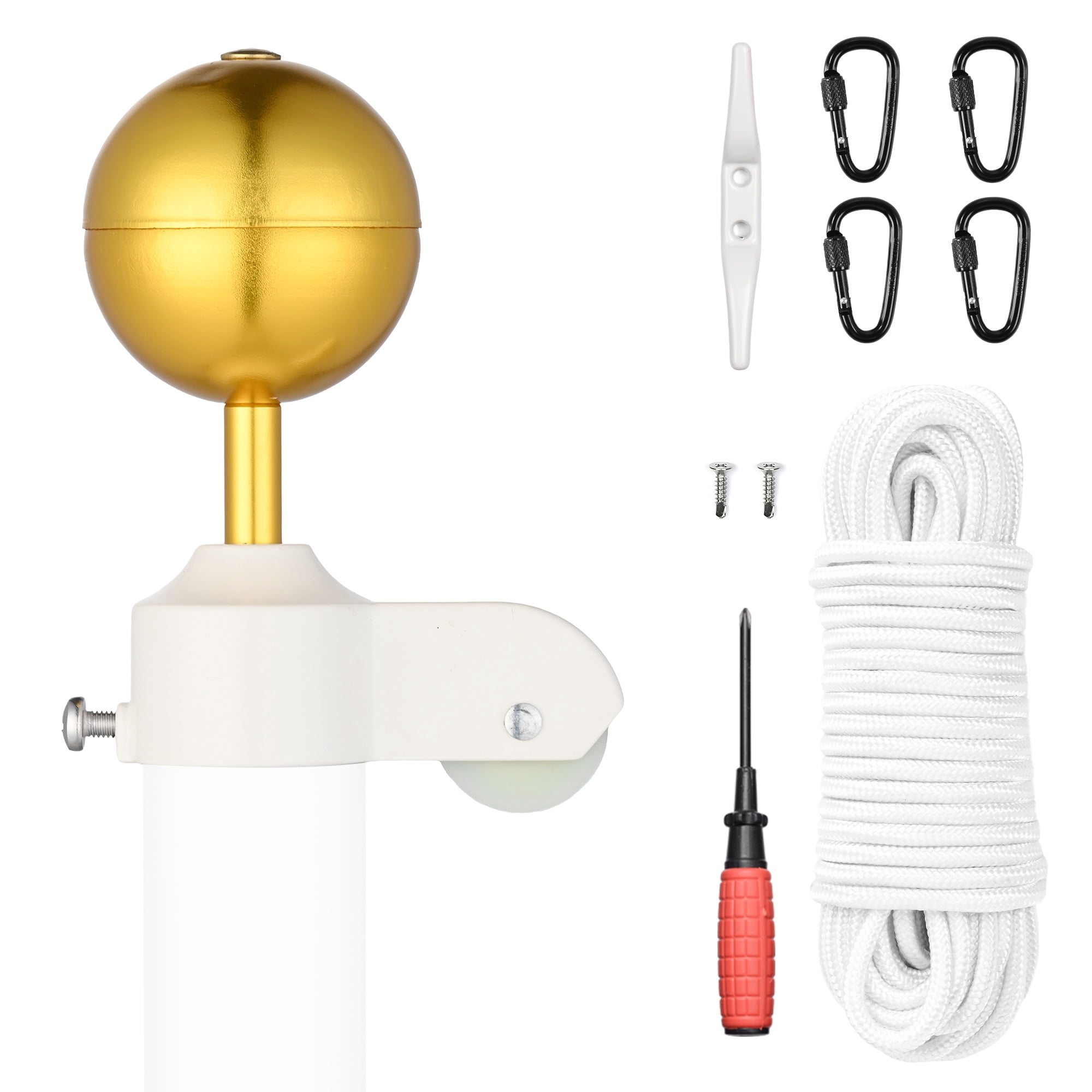 Yescom ALL Aluminum Flag Pole Hardware Repair Kit 50FT Wire Core Halyard Rope Gold Ball Topper for 20/25/30 FT Sectional Pole with 1 13/16" Dia.