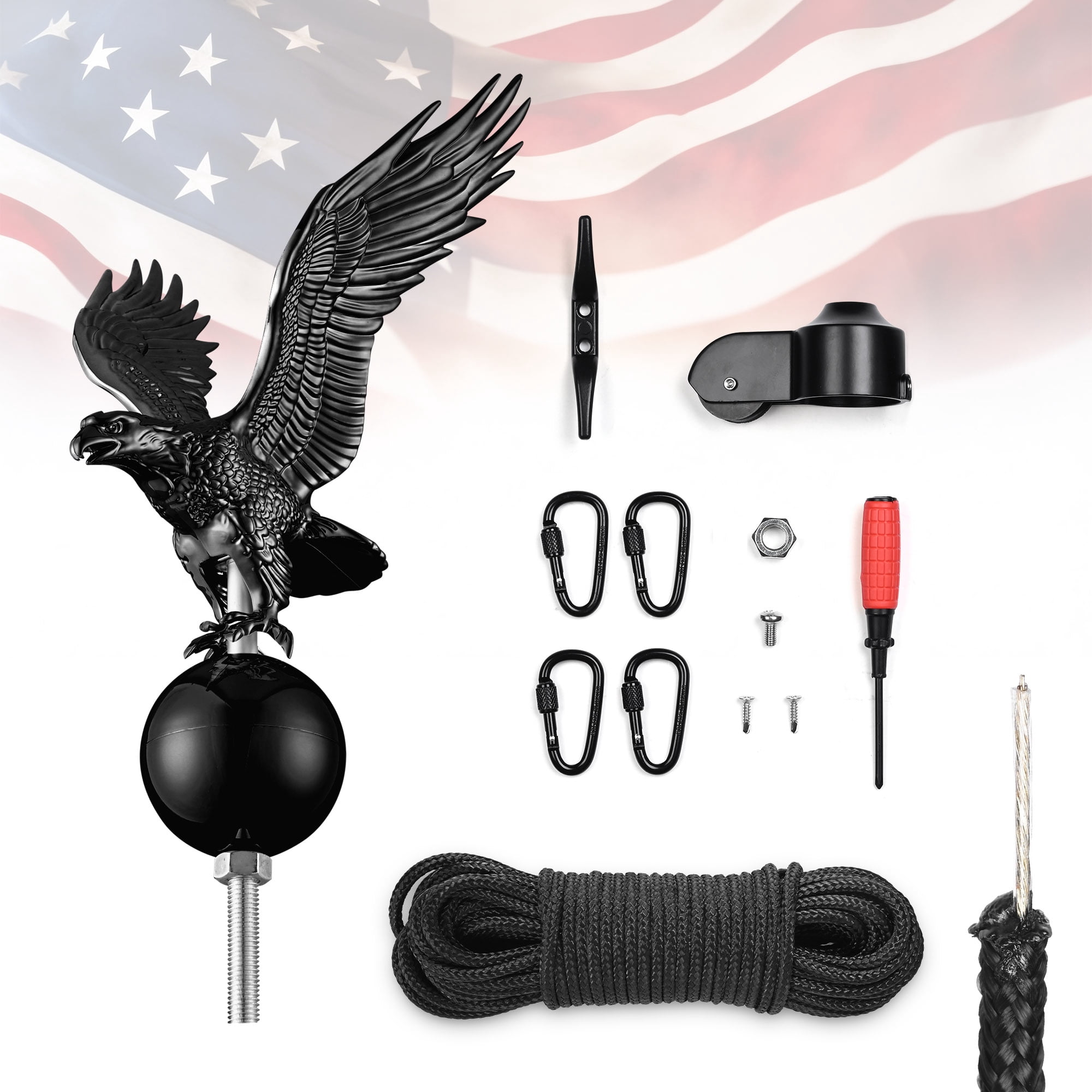 Yescom 100% Aluminum Flagpole Hardware Repair Kit 50FT Wire Core Halyard Rope & Carabiners Eagle Topper for 20/25/30FT Sectional Flag Pole Black