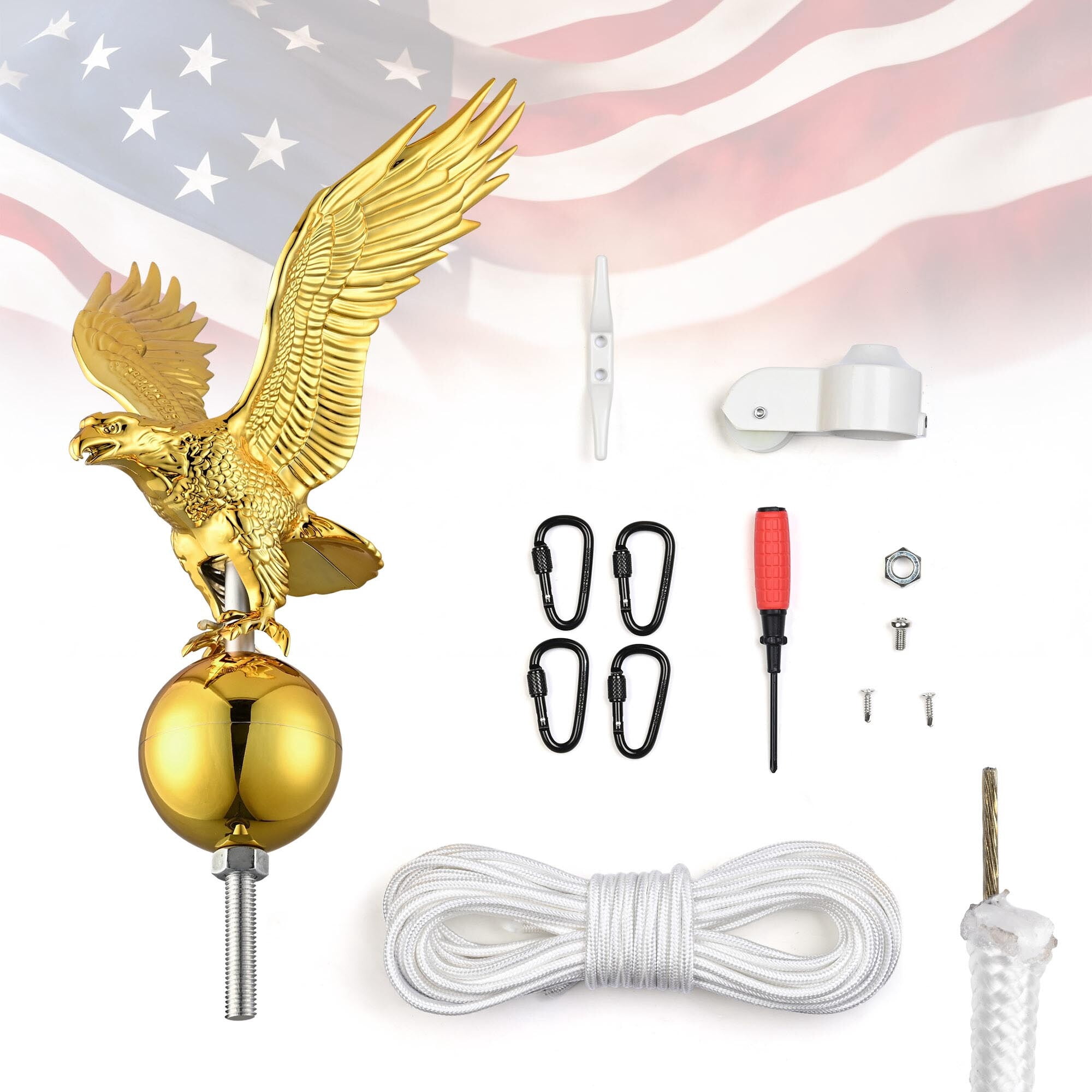 Yescom 100% Aluminum Flagpole Hardware Repair Kit 50FT Wire Core Halyard Rope & Carabiners Eagle Topper for 20/25/30FT Sectional Flag Pole Gold