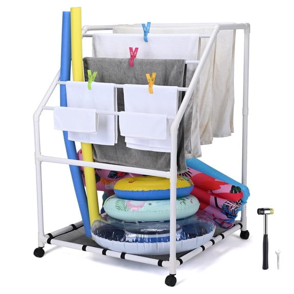 Yescom Free Standing Pool Side Pvc Towel Rack Holder Heavy Duty 7 Bar 4 Lockable Wheels for Outdoor Floats Dryer Clothes Laundry Storage Black Net