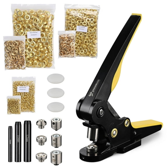 Yescom Grommet Tool Kit 1/2" 3/8" 7/32" Solid Brass Eyelets Washers 900 pcs & Hole Puncher #0 #2 #4 Hand Press Machine
